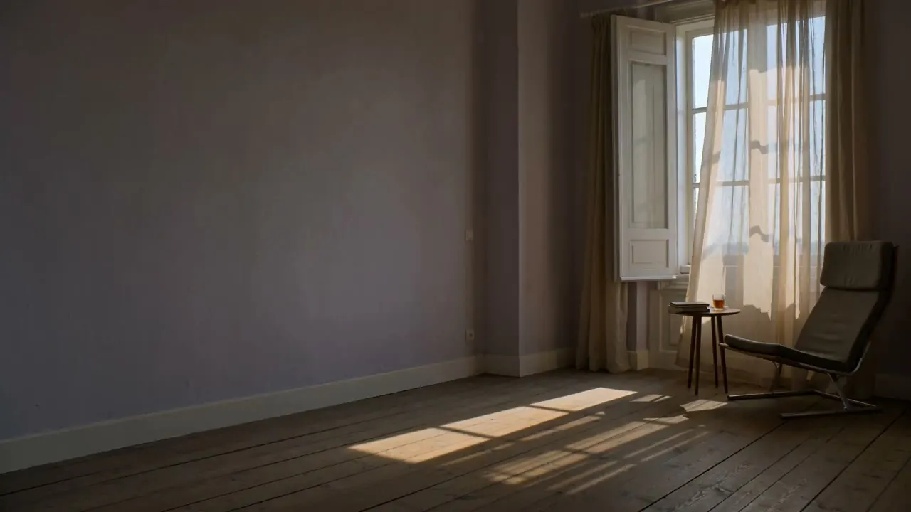The same quiet room in late light, a linen curtain at an open window beside an empty reading chair