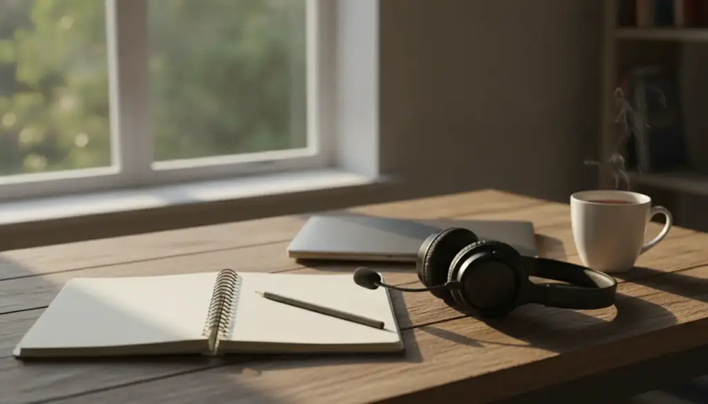 A blank scribbler and pencil beside a headset and a closed laptop on a table by a window