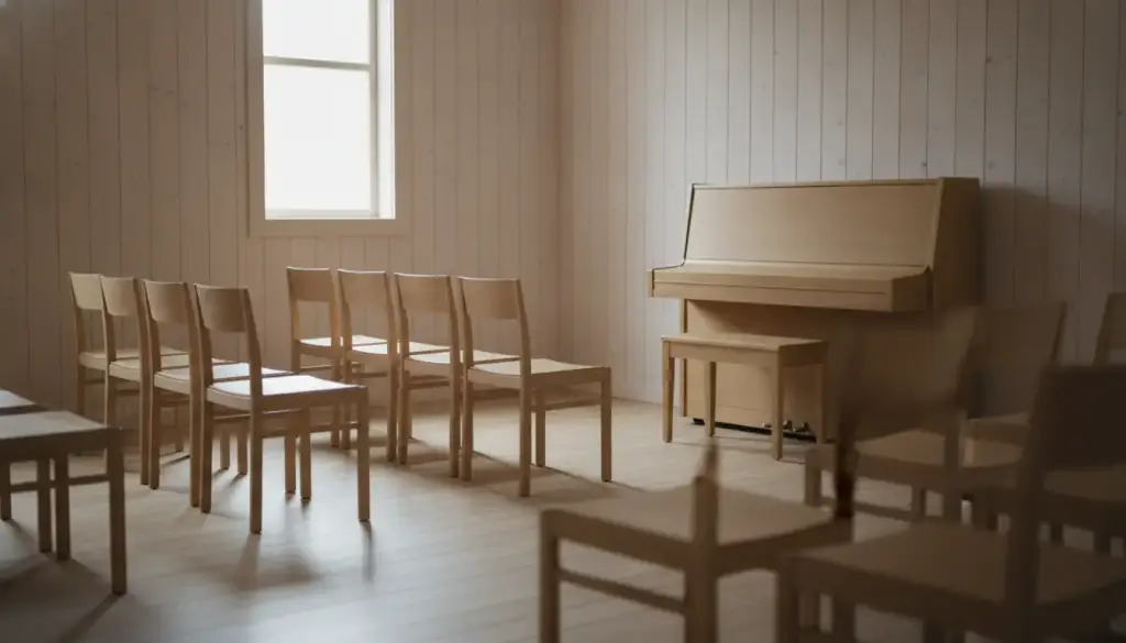 A plain wooden hall with rows of empty chairs and a closed upright piano by a tall window